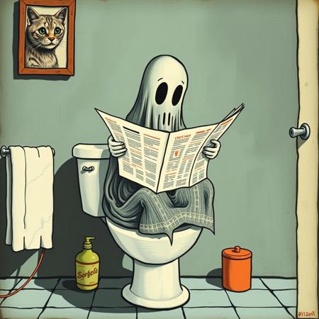 A ghost sitting on a toilet bowl, reading newspapers by morris hirshfield