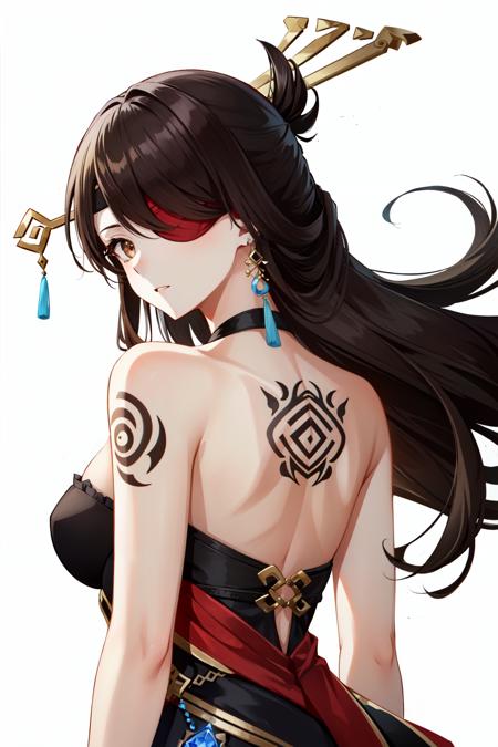 beidou(genshin impact), white background, brown hair, from behind, eyepatch, solo, simple background, brown eyes, back, bare shoulders, hair ornament, jewelry, dress, earrings, long hair, looking at viewer, looking back, tattoo, back tattoo, 1girl, hairpin
<lora:beidou:1>