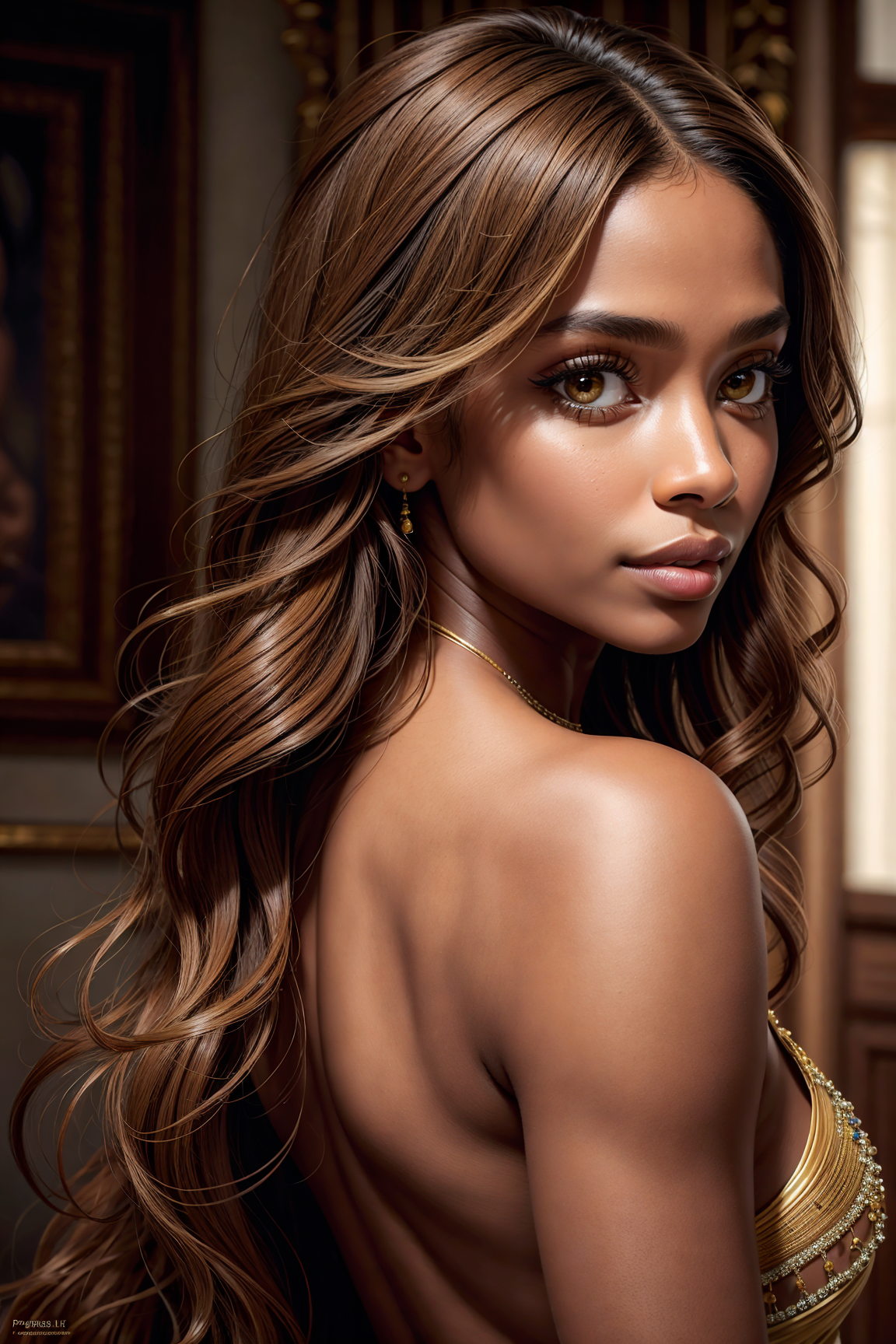 best quality, ultra high res, (photorealistic:1.4), masterpiece, 1girl, brown skin color, brown_eyes, from_behind, fur_tri...