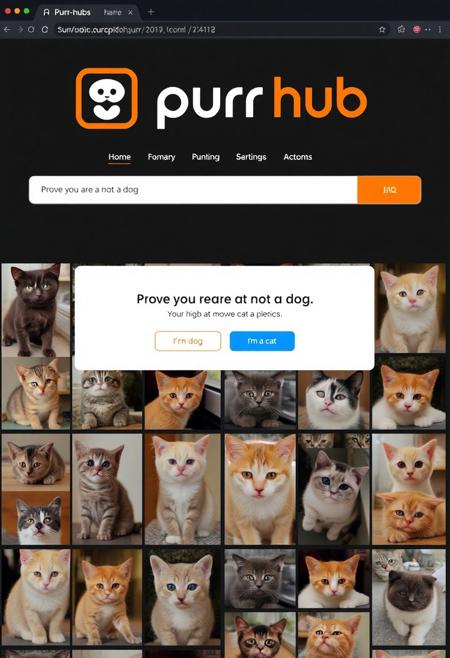 Screenshot from the most famous cat photo website, "Purr Hub", the logo is a name itself "purr" in white font and "hub" in black font, "hub" is inside an orange rounded rectangle. The website has a dark theme and shows a grid of photographs of various cute cats. a cute kitten stands next to the search bar. in the center of the page is a popup captcha window that reads "Prove you are not a dog" with two option buttons "i'm a dog" "i'm a cat".