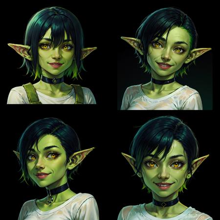 2dicon portrait of beautiful goblin girl, white shirt, green skin, short black hair, smile, yellow eyes, choker, simple background, black background <lora:sxz-2dicon:0.6>