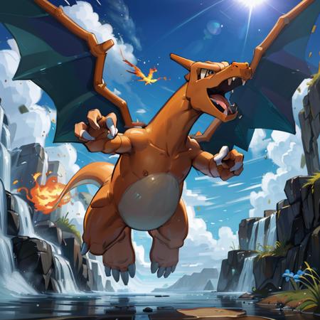 ((masterpiece,best quality)), absurdres,
award winning photo,
Charizard_Pokemon, (flame-tipped tail:1), two wings,
3d, blue_sky, cloud, cloudy_sky, day, depth_of_field, jumping, flying, motion_blur, no_humans, ocean, open_mouth, outdoors, pokemon_\(creature\),  sky, sun,  <lora:Charizard_Pokemon:0.8>