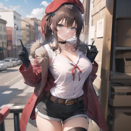 (masterpiece, best quality:1.2),city,long_hair,breasts,blush,smile,bangs,large_breasts,brown_hair,shirt,thighhighs,gloves,long_sleeves,hat,ribbon,cleavage,hair_between_eyes,very_long_hair,green_eyes,collarbone,jacket,white_shirt,sidelocks,cowboy_shot,open_clothes,shorts,choker,black_gloves,collared_shirt,belt,black_thighhighs,side_ponytail,open_jacket,red_ribbon,coat,fur_trim,short_shorts,red_beret,black_choker,black_shorts,red_headwear,red_jacket,black_belt,shirt_tucked_in,notice_lines,fur-trimmed_jacket,red_coat,<lora:female_commander2:0.5>,