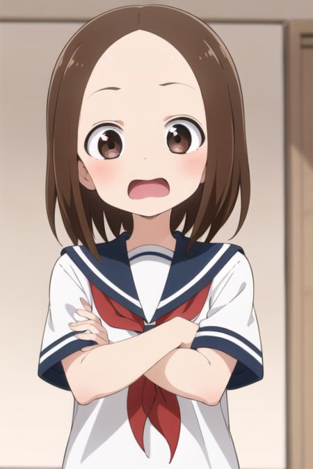 <lora:chii:0.7> chii, 1girl, solo, brown hair, parted bangs, forehead, brown eyes, blush, surprised, open mouth, serafuku, sailor collar, red neckerchief, upper body, crossed arms, looking at viewer, short sleeves, sunlight,