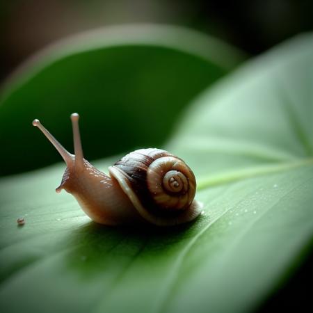 A photo of a tiny snail on a leaf in the forest. forest floor. Low angle shot. dew drops, early morning, translucent,   <lora:snailz5:.5>