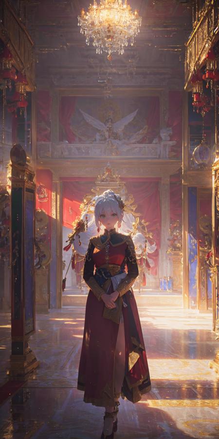 1Girl, full body, elegant, white hair, green eyes, intricate red gown, silver earrings, palace interior background, golden chandelier, highest quality, highly detailed, 4k, 8k, UHD, to scale, anime