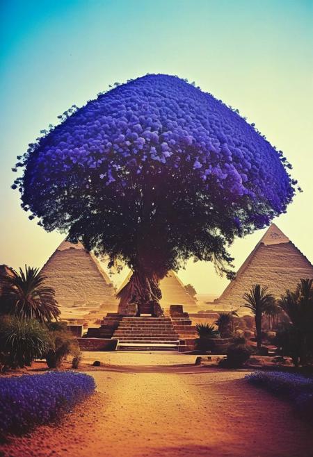 ()Hyoer Realistic:2.0)Polaroid picture 
an image of Ancient Egyptian pyramids, bathed in golden light, as a shimmering portal materializes beneath. The portal's iridescent glow illuminates the desert sands, beckoning travelers to enter. Capture the contrast between the ancient structures and the (futuristic, utopian universe within, teeming with lush vegetation, gleaming spires, and hovering spacecraft. Incorporate a sense of wonder and discovery, as the secrets of the pyramids unlock a gateway to a brighter, intergalactic future: 2.1)
BREAK 
🌳 Stunning Blue Jacaranda Tree 🌳
This magnificent Jacaranda tree is a true showstopper, with its canopy completely covered in a vibrant, almost unreal shade of blue flowers. The dense, puffy clusters of blossoms create a breathtaking, architectural display that commands attention and adds a touch of enchantment to the well-designed garden landscape.