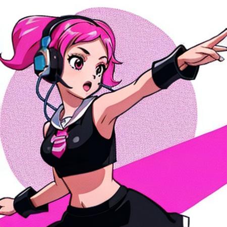 ulala5, masterpiece, best quality, solo, 1girl, high resolution, great detail, pink hair, pigtails, crop top, skirt, headphones, dancing