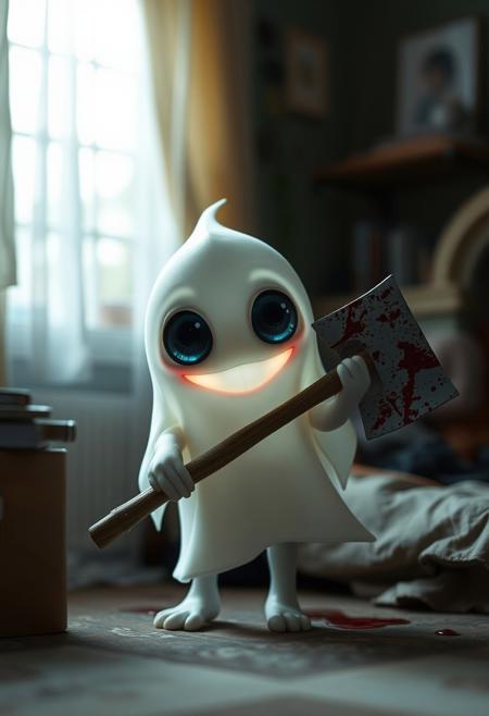 cute adorable, ghost-like creature with large, expressive eyes that capture a sense of wonder and curiosity. The creature's should be soft and illuminate , with shades of white that blend seamlessly with its dark surroundings. It is carrying an bloody axe in a teenager room