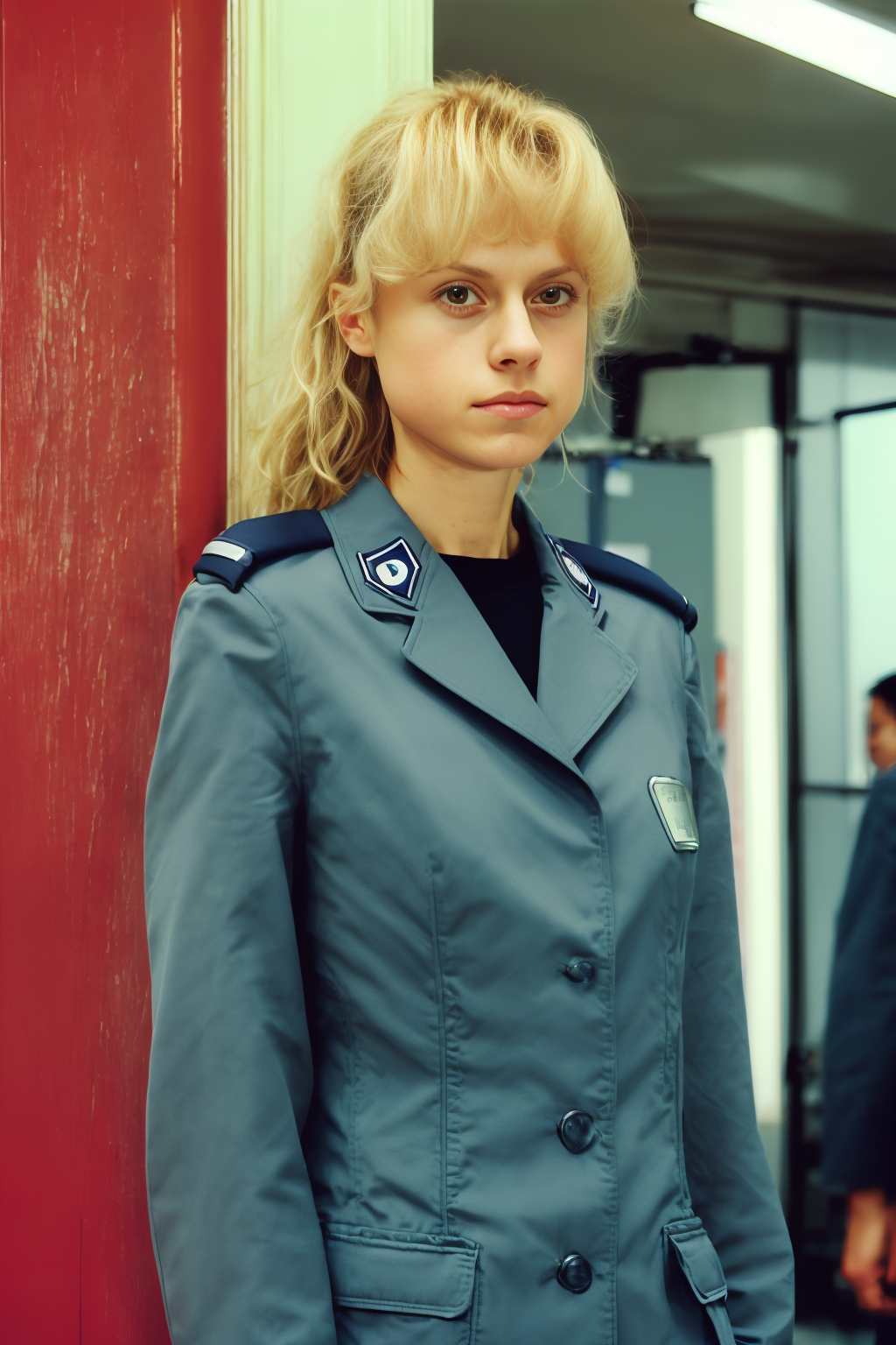 photo realistic photorealistic shot, woman girl 1girl, young slim slender blonde, uniform, kasia 13 posterunek <lora:Kasia...
