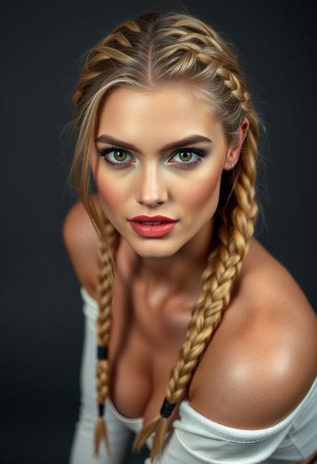 Realistic candid photo, beautiful supermodel, blonde hair in dutch braids, very realistic details, highly detailed hazel eyes, full lips, Seductive, A sultry gaze, a slightly parted lips, and a hint of a smile, professional photography and lighting, sitting on a stool in a professional studio, medium gray background, lifelike