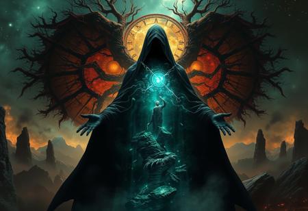 A universe inside a dark cloaked figure within mysterious landscape in an unfathomable realm of fantastic creation inhabited by ancient shadows of a forgotten time beyond the gate of the gateless gate where life is limitless, light is shadow and shadow is light, eerie sense, horror, spark of the beginning, existence and nonexistence at once, ethereal, outstretched arms, behold the end of the beginning, inglorious glory to the dark one, betrayal of the ancient order, beware the 7headed beast, destroyer of the old ways, bearer of the unbearable, nightmarish, archaic runes, tree aging backwards, breath of the gods, ruins of a place unimagined, extreme intricate detail, photorealistic, beyond epic scene, fate discarded, unseeable face of god, the end is the beginning, the beginning is the end, man arises as god dies, as above so below, as below so above, emerald tablet, thoth, guardian and saboteur of existence, hopeless hope, ghosts of the unborn, conception of the inconceivable, cosmic well of imperceptible perception, evil aura, infinite emptiness, pillars of void, overwhelming subtlety, abstract sacred geometry, beams of readiness without intention, gift of doom, despair of the ages, hidden secret warnings from dead gods, carved by the conductor of unholy loneliness of time incarnate, consumed by the night itself, beautiful tragedy of hellish discovery, release