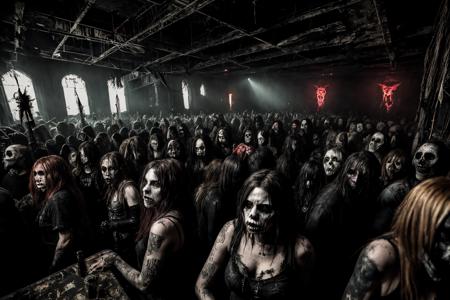 breathtaking Grunge style Horror-themed crowded nightclub. Eerie, unsettling, dark, spooky, suspenseful, grim, highly detailed . Textured, distressed, vintage, edgy, punk rock vibe, dirty, noisy . award-winning, professional, highly detailed