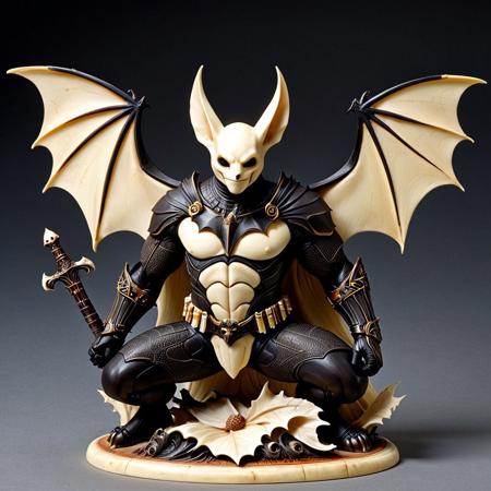 ebony, ivory, scrimshaw, bone carving,
8k, score_9, score_8_up, score_7_up,
masterpiece,realistic,ultra detailed, vibrant colors,photo-realistic,
bat-like humanoid made out of ivory,
A large, powerful creature, resembling a bat-like humanoid, is crouched low to the ground, positioned in the center of the image.  The creature has dark, thick fur/hair covering its head and upper body, resembling a bat's wings.  Its face is a mix of human and animal features, with sharp, angular features and a stern expression.  The creature's body is muscular and heavily built.  It wears protective, segmented gauntlets on its arms, and appears to have a utility belt or harness. The creature's hands have sharp, clawed fingers. The creature is in a dynamic stance, ready to pounce, with claws extended.  The color palette is muted, ranging from various shades of brownish-gray, and tan/beige, with accents of dark black and orange hues in the bat wings. The lighting is diffused, creating soft shadows that highlight the creature's form and details. The style of the image is detailed, stylized, and evocative of a video game character design.  A stick or a spear-like object is positioned beneath the creature. The composition is sharp, clear, and draws the viewer’s attention to the creature’s power.  The creature's orientation is looking slightly downward, almost at the viewer, from a low angle perspective.
