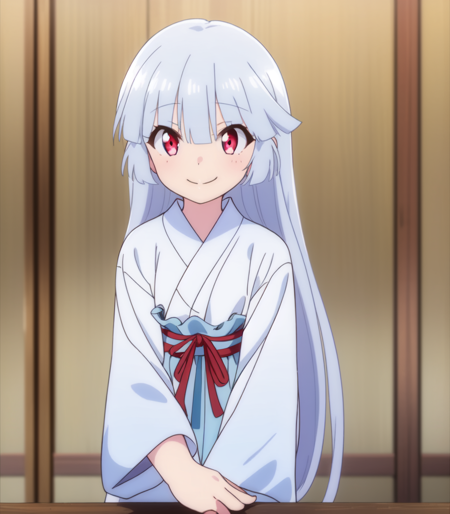 1girl, solo, long hair, looking at viewer, smile, bangs, hime cut, red eyes, long sleeves, hair between eyes, closed mouth, standing, full body, grey hair, boots, japanese clothes, wide sleeves, kimono, sash, brown footwear, obi, white kimono