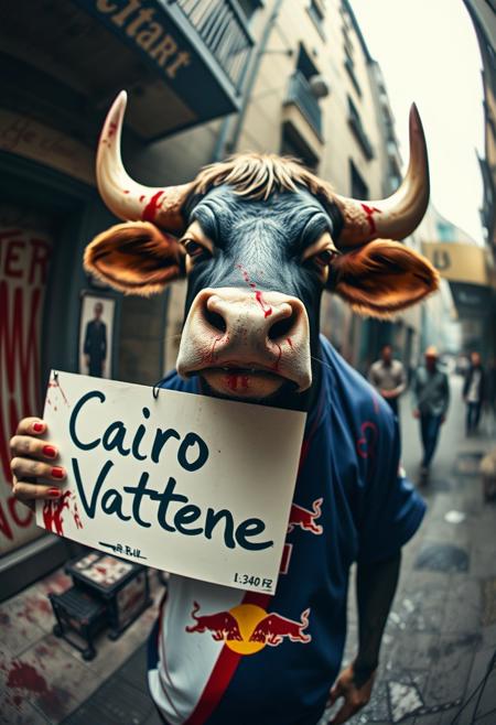 A whimsical, humanized bull, with a fairytale charm, holding a sign that says ‘Cairo Vattene’ in bold, handwritten text. The shot is captured with a Panavision Prime Cine Optics 12mm fisheye lens, exaggerating the bull’s presence in the center of the frame. The background is twisted and surreal, with sharp, contrasting colors and splatters of blood staining the surroundings, adding a gritty, Tarantino-esque vibe. The bull, exuding a dark, almost menacing aura, has blood splattered on its hands and face. A Red Bull logo is spray-painted onto its shirt, matching the chaotic energy of the scene.”