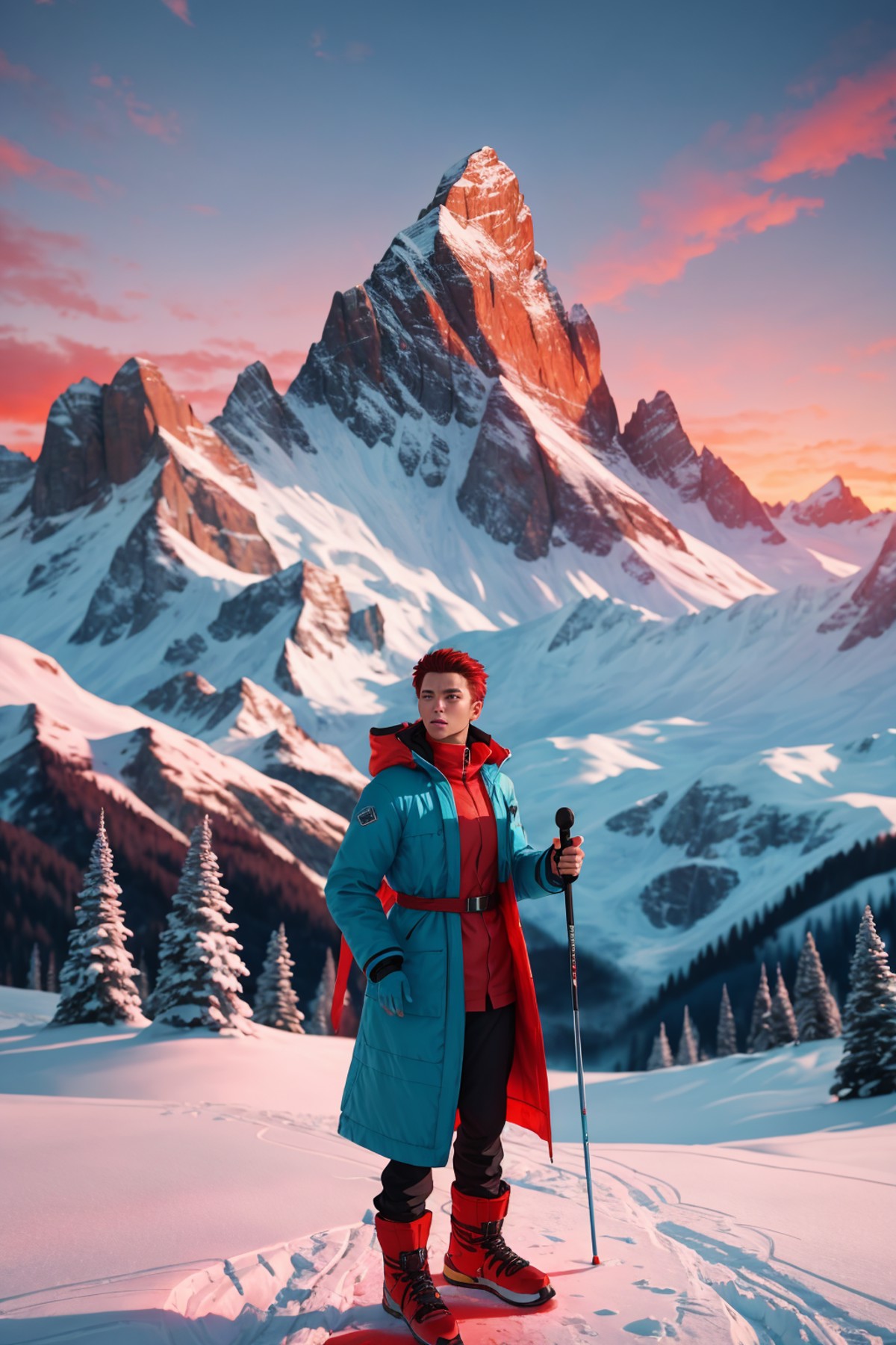 (Style-EMCG:1) (Style-DoF:1) zrpgstyle, standing on a peak with red ski coat, epic landscape scene of alpine mountains aga...