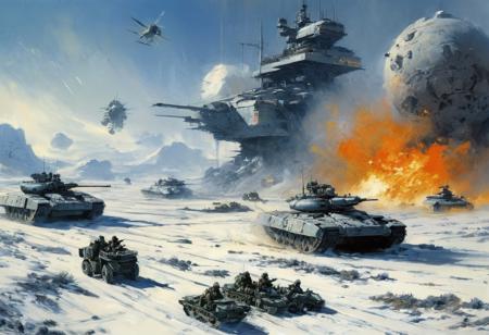The scene depicts a futuristic battlefield with advanced military technology. Multiple soldiers in full-body armor are advancing on foot while two large, armed hovercraft are providing aerial support. The background shows an explosion, emphasizing the intensity of the combat. The soldiers are equipped with rifles and appear to be in a coordinated offensive. The environment is desolate, with minimal structures and a barren landscape. The overall artwork is detailed and monochromatic, giving a gritty and realistic feel to the futuristic warfare setting.
John Berkey Style page,