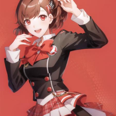 Kotone Shiomi, masterpiece, 1 girl, Persona style, Kotone Shiomi, brown hair, red eyes, red bowtie, cheerfull smile, impeller, hair clip