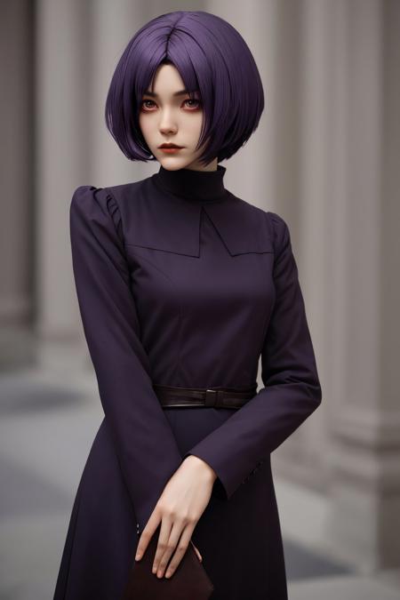 upper body photo of <lora:tenletters_v1:.9> tenletters, focus on face, wearing conservative clothing, her dark violet color hair is styled as gibson tuck,