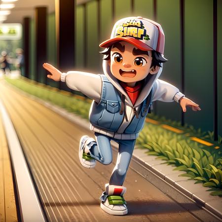 ((masterpiece, best quality)),(complex light), solo, solo focus,full body,1boy, jake, brown eyes,thick eyebrows, <lora:JakeSubwaySurfer1-10:0.8>,hood, baseball cap, simple background, standing, (running:1.2),  gradient background, subway station,