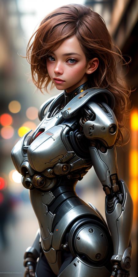 Portrait photo of sexy woman ,perfect eyes ,  in a worn mech suit,((light bokeh)), intricate, (steel metal [rust]), elegant, sharp focus, photo by greg rutkowski, soft lighting, vibrant colors, masterpiece, ((streets)), detailed face