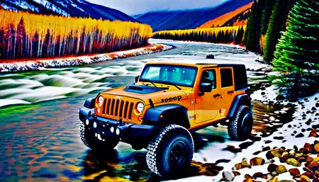 jeep ofroad, river, mountain, snowing