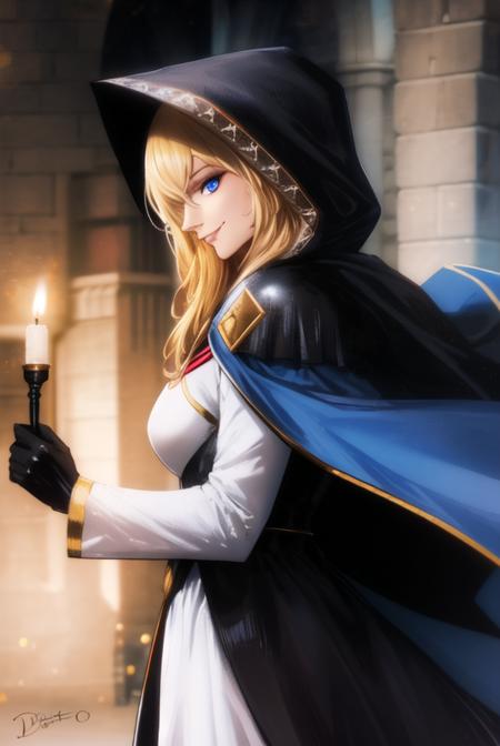 <lora:diabolumberto:0.8>, diabolumberto, masterpiece, best quality,  1girl, solo, candle, blue eyes, hood, long hair, blonde hair, looking at viewer, gloves, breasts, hood up, coat, large breasts, white coat, dress, hooded cape, open coat, black dress, cowboy shot, black gloves, smile, hair between eyes, white cape, bangs, cape, outdoors