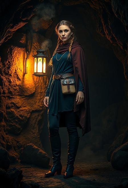 (full body, masterpiece, ultra-detailed, best quality, medieval fantasy) — A woman stands poised in a lantern-lit cave, wearing a dark blue tunic and matching leggings, tall black boots, and a maroon cloak that drapes elegantly over her shoulders. Her hair is braided around her head like a circlet, evoking quiet nobility. A small leather belt pouch rests at her waist. The cave glows with warm, flickering lantern light, casting dramatic shadows across the textured rock walls. Atmospheric dust floats in the air, enhancing the moody, mystical ambiance. Realistic fabric textures, rich color contrast, cinematic composition.