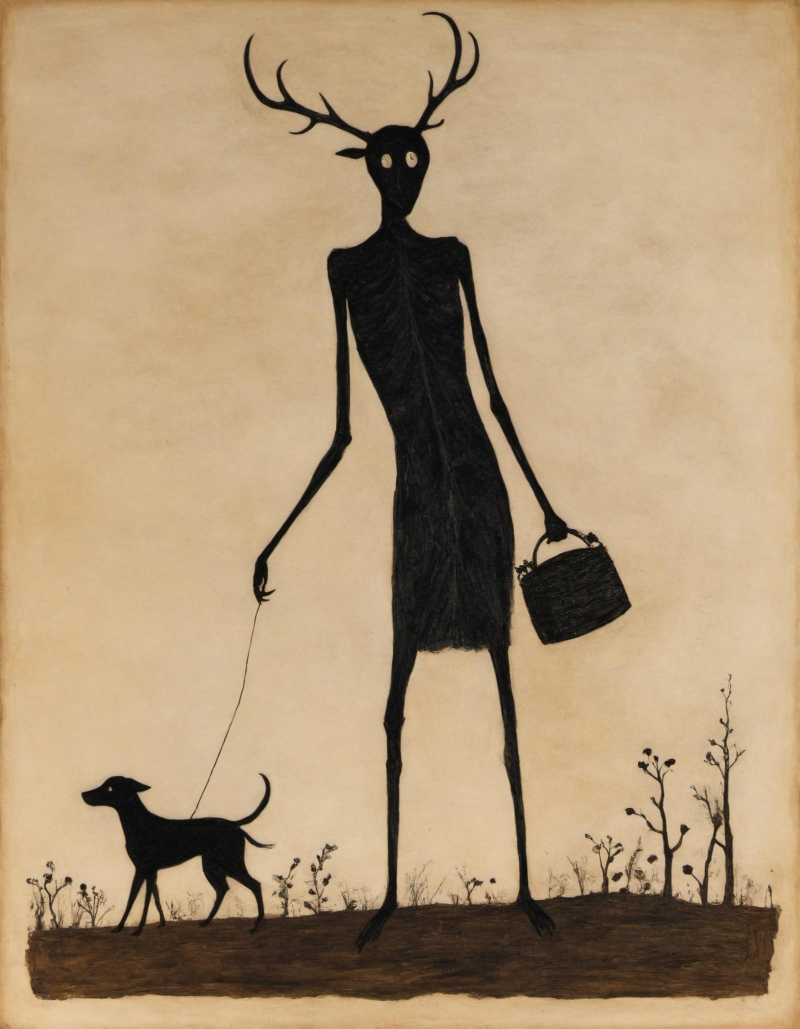 A silhouette of a man walking a dog while holding a watering can.