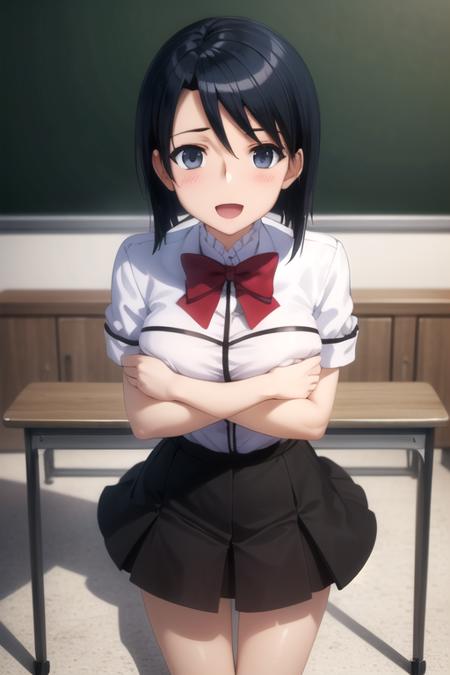 (extremely detailed CG unity 8k wallpaper), (masterpiece), (best quality), (ultra-detailed), (best illustration), (best shadow), (absurdres), 1girl, solo <lora:kanako-10:0.8>, kanako miyamae, large breasts, school uniform, bow, skirt, blush, :d, open mouth, looking at viewer, crossed arms, arms under breasts, foreshortening, classroom, detailed background