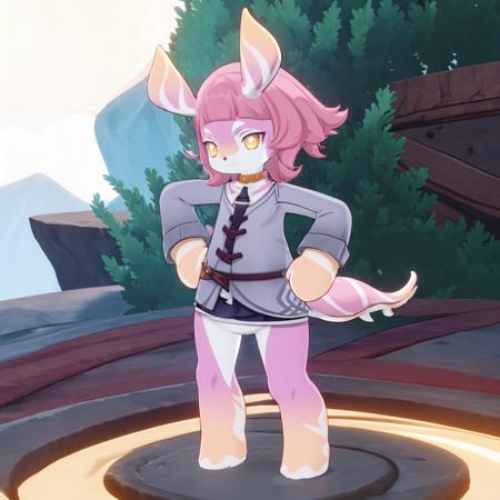 full body, 1girl, melusine, (pink skin, yellow skin:1.3), pointed ears, stubby tail, sticking out tongue, hands on own hips
 <lora:MelusineV1:1>