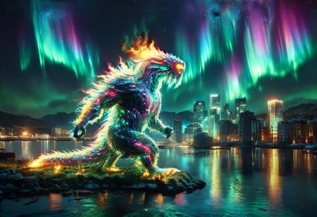 morph-aurora, a kaiju made of aurora, breathing fire, glow of bioluminescent elements, standing in a cityscape, by the harbor, RAW Photo, absurdres, high quality, high detail, masterpiece