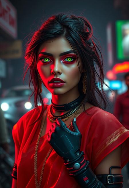 cyberpunk girl in New Delhi, clothing a combination of traditional Indian clothing and new cyber punk items, dramatic heavy luminescent red eyeshadow:1.5, big highly detailed green 
eyes, full pouty lips, lips parted seductively, cybernetic arms, 
highly detailed luminescent green cybernetic eyes