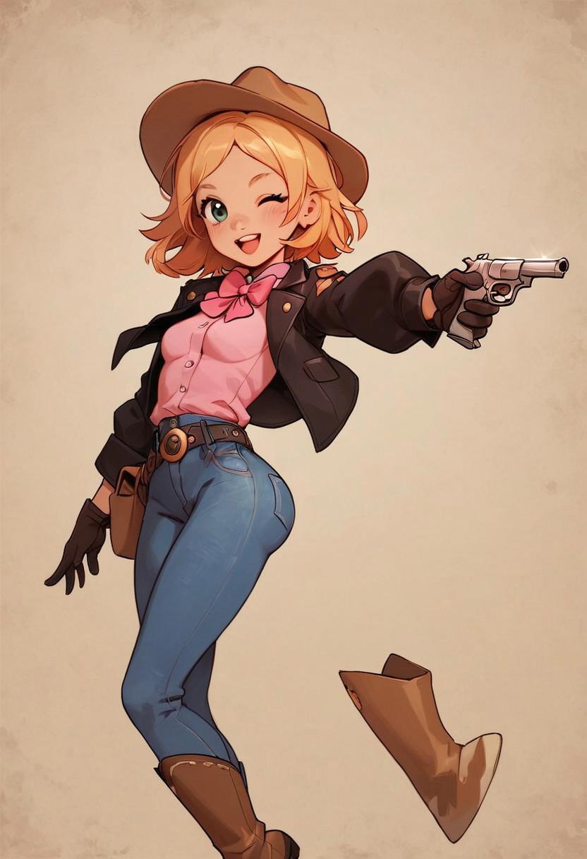 score_9, score_8_up, score_7_up, 1girl, Diona, cute cowboy, looking at viewer,petite small body, round ass, medium waist, cowboy hat, aged cute leather jacket, pink shirt, cute fish bowtie, leather gloves, cowboy boots, gun holder, cute jeans, aiming cute revolver, extra small breasts, cute wink, wild west, wild west saloon background,