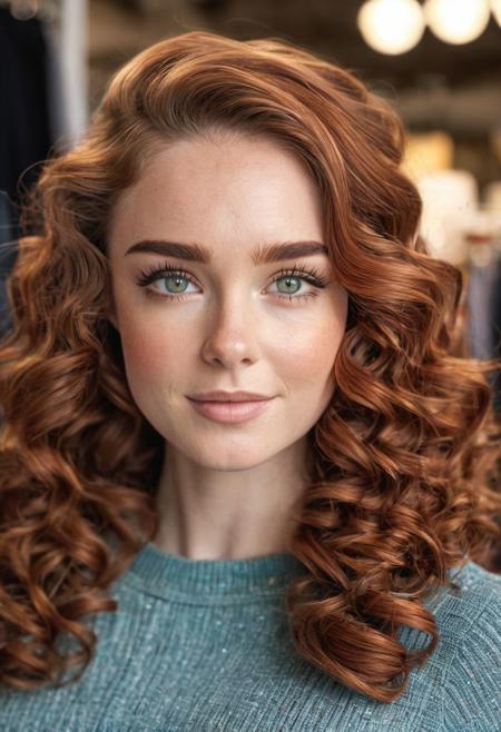 1girl, irish, portrait, headshot, cute model, Long thick Maxi Skirt, Knit tube top, swept back hair, alluring smile, working at a clothing store, perfect eyes, highly detailed beautiful expressive eyes, detailed eyes, 35mm photograph, film, bokeh, professional, 4k, highly detailed dynamic lighting, photorealistic, 8k, raw, rich, intricate details, identical iris, curly auburn hair