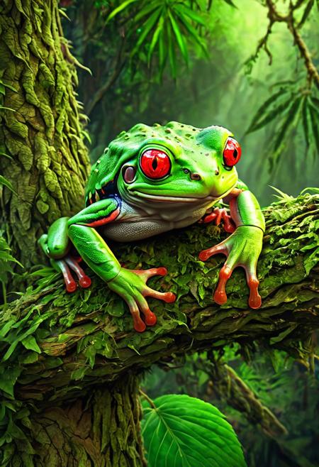 Full body shot, of a high on cannabis weed stoner Jamaican red-eyes tree frog with (red eyes and relaxing on a tree branch:1.6), (reggae:1.5), funny, red eyes from being high on weed, Rastafari,  beautiful art uhd 4 k, studio digital art, gorgeous digital art, 4k highly detailed digital art, photoshop art, karol bak uhd, artistic digital art, expressive beautiful portrait, amazing digital art, gorgeous, fantasy, stunning digital illustration, incredible digital art, beautiful digital artwork, (illustration:1.3),