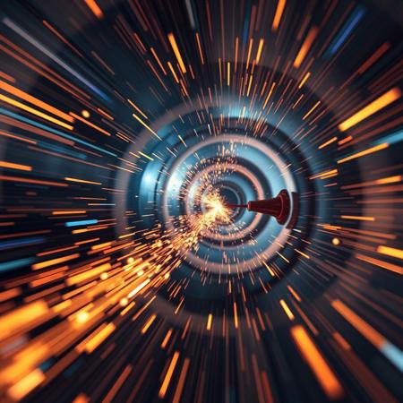 particle with high speed coliding in a particle accelerator, sparks, lights, spiral trajectories,