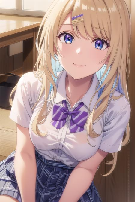 lunashirakawa, <lora:luna shirakawa s1-lora-nochekaiser:0.8>,
luna shirakawa, long hair, blue eyes, blonde hair, hair ornament, bow, multicolored hair, hairclip, smile,
BREAK skirt, shirt, thighhighs, bow, school uniform, white shirt, pleated skirt, shoes, black thighhighs, bowtie, blue skirt, plaid, plaid skirt, loafers, purple bow, clothes around waist, gyaru, purple bowtie,
BREAK looking at viewer,
BREAK indoors, classroom, (cowboy shot:1.5),
BREAK <lyco:GoodHands-beta2:1>, (masterpiece:1.2), best quality, high resolution, unity 8k wallpaper, (illustration:0.8), (beautiful detailed eyes:1.6), extremely detailed face, perfect lighting, extremely detailed CG, (perfect hands, perfect anatomy),