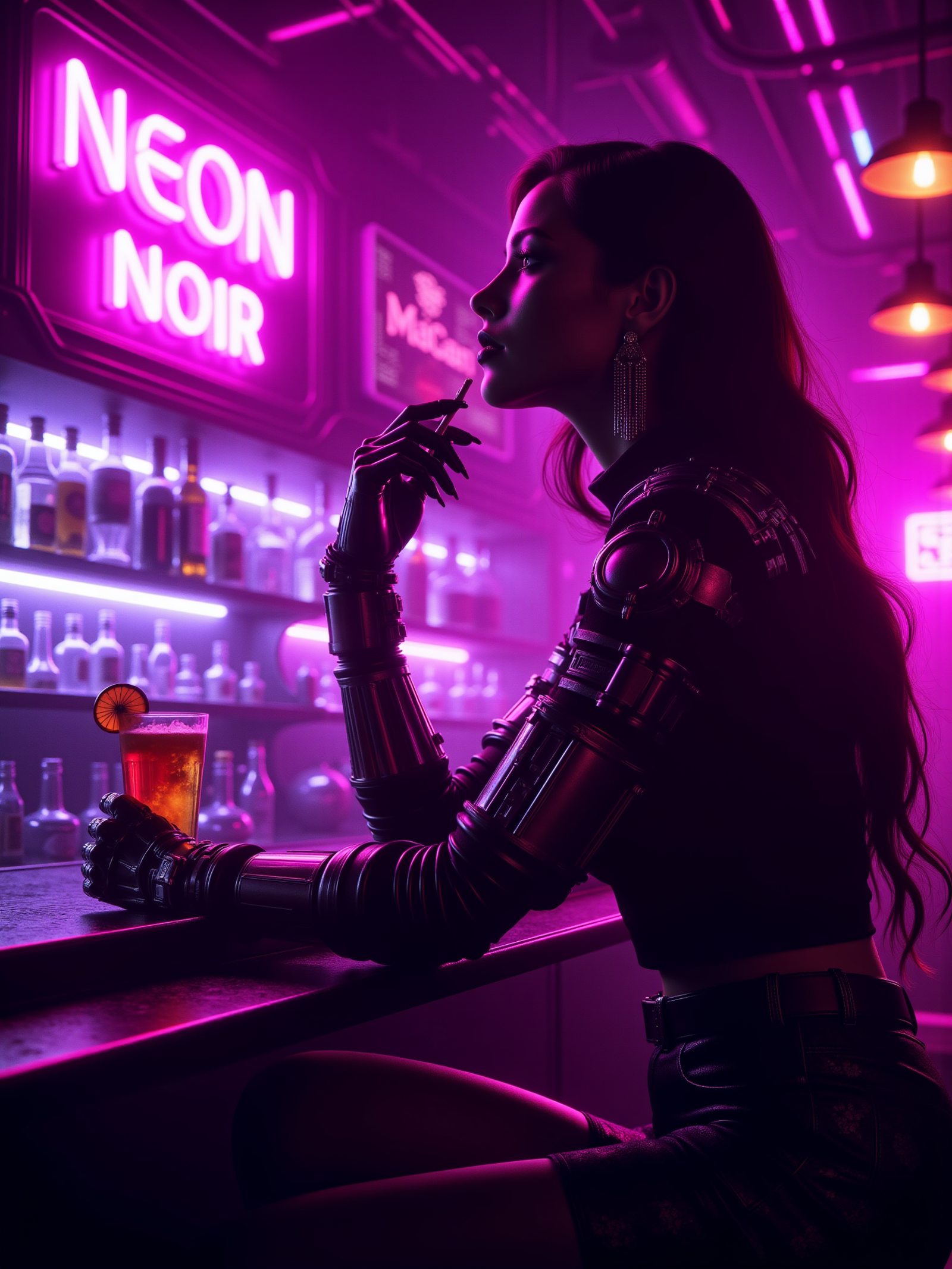 woman sitting at the counter of a futuristic cyberpunk bar wearing futuristic clothing and cybernetic arm leaning on counter holding a drink and cigarette, mad-neon-noir  <lora:Neon_Noir_FLUX:0.7> magenta neon signs "NEON NOIR by maDcaDDie",