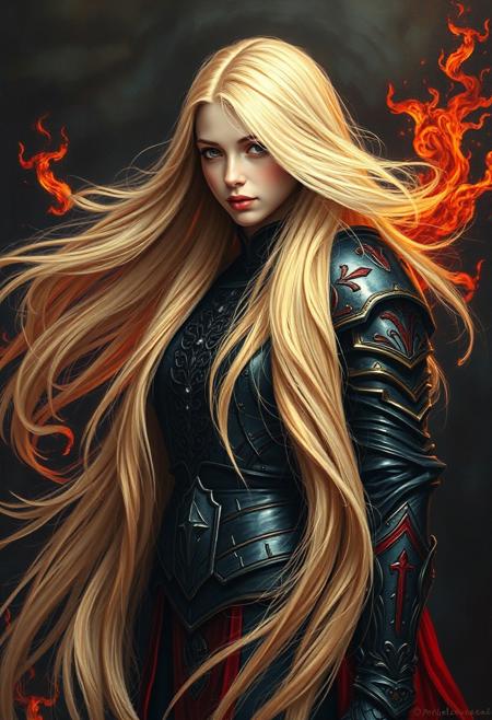 A blonde woman with long hair wearing black and red armor, flowing in the wind like flames of fire, in the style of Alex Alemany. This fantasy art style painting features high detail, high resolution, perfect details, perfect colors, a dark background, cinematic lighting, a beautiful composition, detailed, high definition, sharp focus, intricate details, hyper-realistic, super detailed, very professional, and very smooth
extremely long hair, 100-feet of hair, super long hair, real rapunzel, rapunzel, rapunzel long hair, hair fetish, hair job, Dreamgirl, Goddess, gorgeous, amazing hair, longest hair, perfect hair, longest hair ever, hairstyles, hairstyling, hair, Debra Jo hair, extreme hair, extreme long hair, extremely long hair, Debra Jo, extreme longest hair, voluminous hair, thick and luxurious hair which is hangs to the floor and covers it. Her expression radiates confidence as she shows off her thick, luscious locks. super thick soft luxurious long lush sleek heavy voluminous cascading pendulous ultra silky pendulous shampoo commercial hair dragging the ground, around her on floor, hair piles behind her on floor