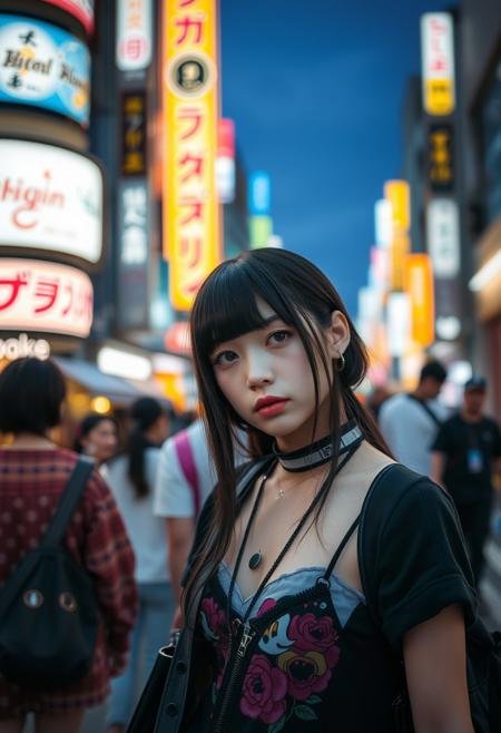 RAW photo portrait of a Japanese emo goth 1girl in busy streets of Harajuku at dawn