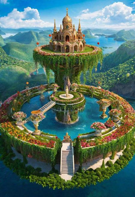 Depict 'Lady Iron Enclave,' a series of interconnected floating islands with detailed landscape architecture, emitting a magical glow. The islands are dotted with guardian angel statues and vibrant, flowering vines, showcasing a peaceful harmony and powerful energy