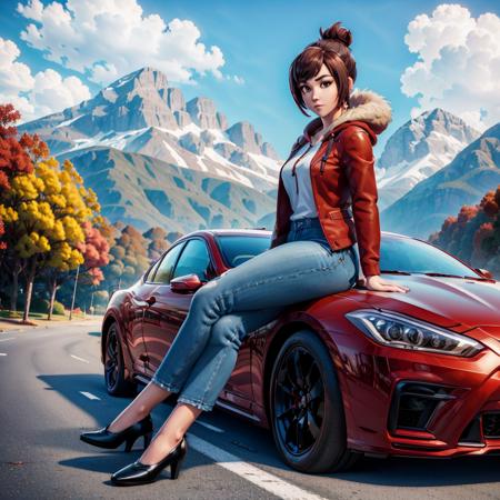 mei, sitting on car hood, (red sedan), brown eyes, brown hair, hair bun, hair stick, fur coat, jeans, black heels, hands on hood, crossed legs, road, trees, sky, mountains <lora:sitting_on_car_hood_01-000012:0.8>  <lora:meiOverwatchLORA_v1:0.6>