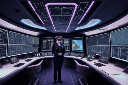 Create an image showcasing Captain Nova, the fearless leader of the starship Odyssey, standing on the bridge with an air of authority and determination. Surround her with the futuristic technology of the ship's command center, including holographic displays, control panels, and a panoramic view of the stars through the observation windows. Highlight Captain Nova's distinct uniform, adorned with insignias of honor and rank, as she issues orders to her loyal crew.