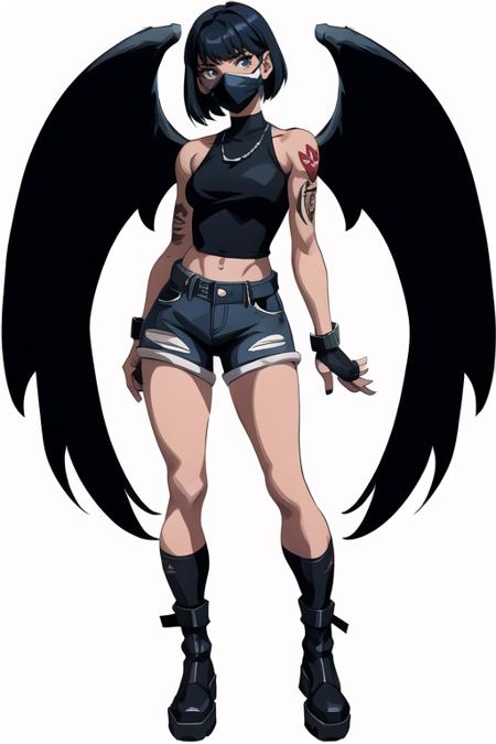 <lora:ConceptsFN:1> white background,  standing pose, solo, concept,  <lora:more_details:0.3> 1girl, murder, ripped jeans, face mask, tattoo, cut hair , full body