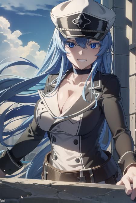 esdeath, <lora:agk esdeath s1-lora-nochekaiser:1>,
esdeath, blue eyes, blue hair, long hair, smile, grin,
BREAK boots, choker, cleavage, collarbone, hat, ice, military, military uniform, peaked cap, thigh boots, thighhighs, uniform,
BREAK outdoors, city, building, sky, sun, clouds, people, crowd,
BREAK looking at viewer, (cowboy shot:1.5),
BREAK <lyco:GoodHands-beta2:1>, (masterpiece:1.2), best quality, high resolution, unity 8k wallpaper, (illustration:0.8), (beautiful detailed eyes:1.6), extremely detailed face, perfect lighting, extremely detailed CG, (perfect hands, perfect anatomy),