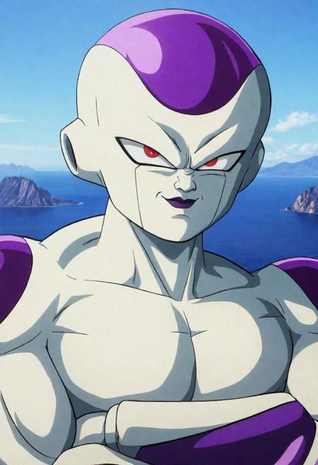 Frieza (Fear:1.2), detailed face ,detailed eyes, Looking at the viewer,8k,high quality draw,red eyes, montains,sea,1tail, Crossed arms ,(Namek Background:1.2)