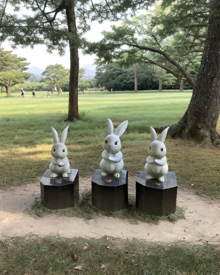 scenery, no humans, outdoors, signature, tree, shadow, grass, nature, leaf, realistic, sunlight, traditional media, road, real world location, multiple rabbits, 3girls <lora:rabbit_statue_v1:0.7>, cheek to cheek