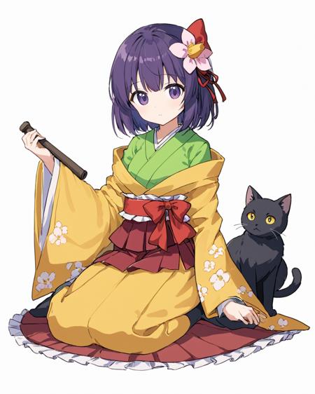 hieda no akyuu,1girl, hair_flower, scroll, white_background, solo, black_cat, green_kimono, simple_background, floral_print, sitting, hakama_skirt, wide_sleeves, full_body, socks, yellow_kimono, long_sleeves, tabi, looking_at_viewer, sash, red_ribbon, red_bow, layered_clothes, closed_mouth
<lora:hieda_no_akyuu_image926_2023-12-20:1>,star-shaped_pupils,symbol-shaped_pupils,. gorgeous,key visual, vibrant, studio anime,award-winning, professional, highly detailed,high budget, cinemascope